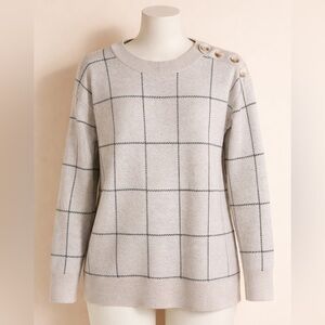 LOFT Beige Checkered Button-Shoulder Sweater
